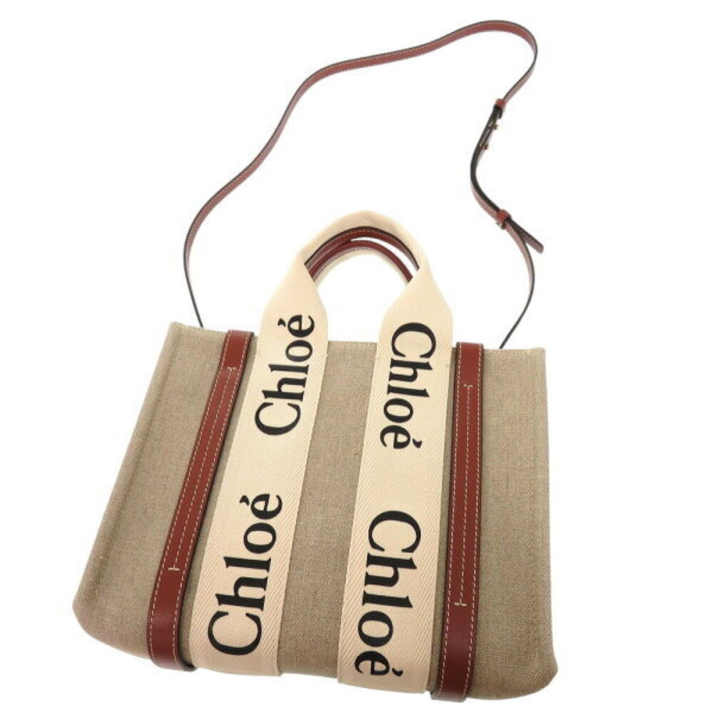 Chloe Woody Tote Bag Leather Canvas White Brown - Picture 7 of 8